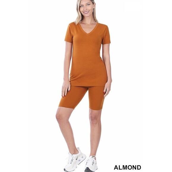 Cotton V-Neck Top & Biker Shorts set (Almond)-Small - Picture 1 of 3